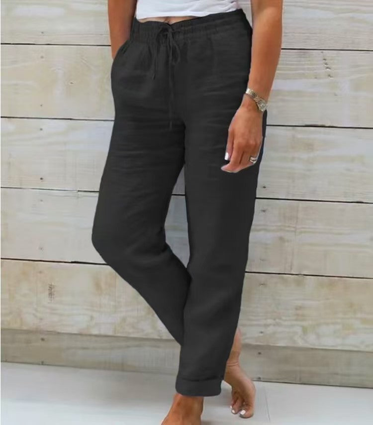 Women's casual linen pants with elastic waistband drawstring and side pockets Mune Fashion