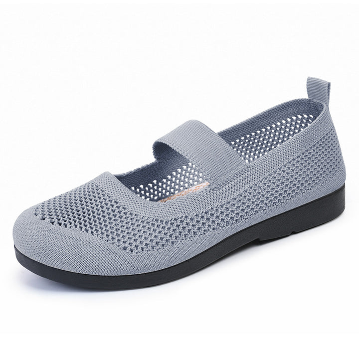 Ladies knitted Mary-Jane comfort ballerina with breathable open knit, elastic strap and cushioning lightweight sole Mune Fashion