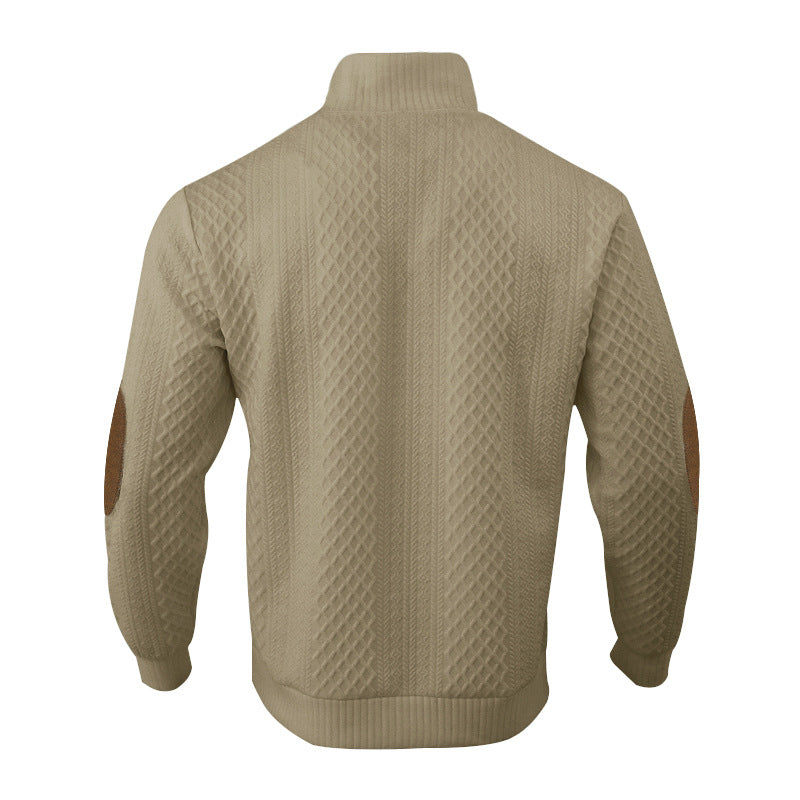 Men's chunky knitted sweater with elbow patches, stand collar and button placket Mune Fashion