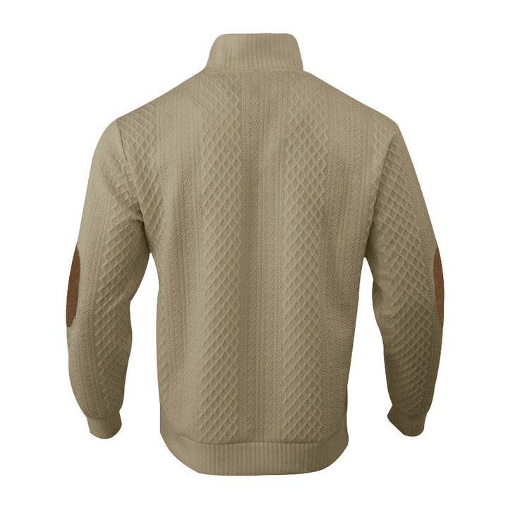 Men's chunky knitted sweater with elbow patches, stand collar and button placket Mune Fashion