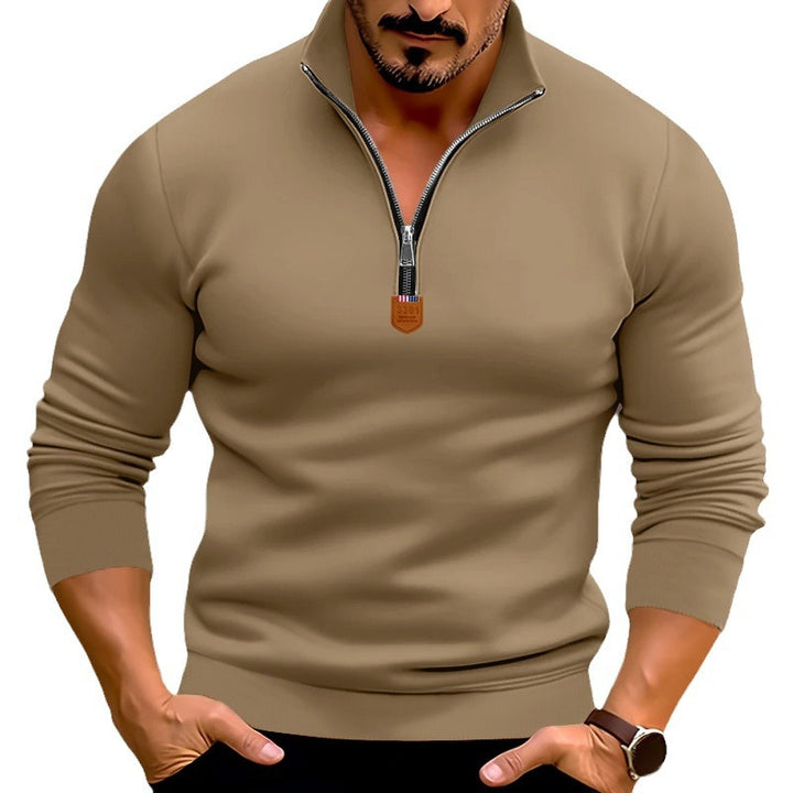 Men's narrow cut fine knit pullover with short zipper, shaping seams, and stretch waistband Mune Fashion