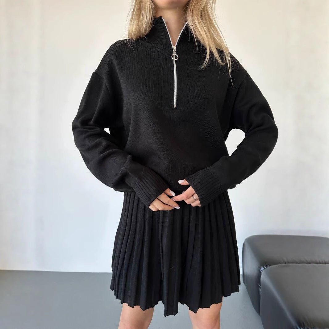 Ladies cozy knit set with zip-up sweater and pleated skirt Mune Fashion
