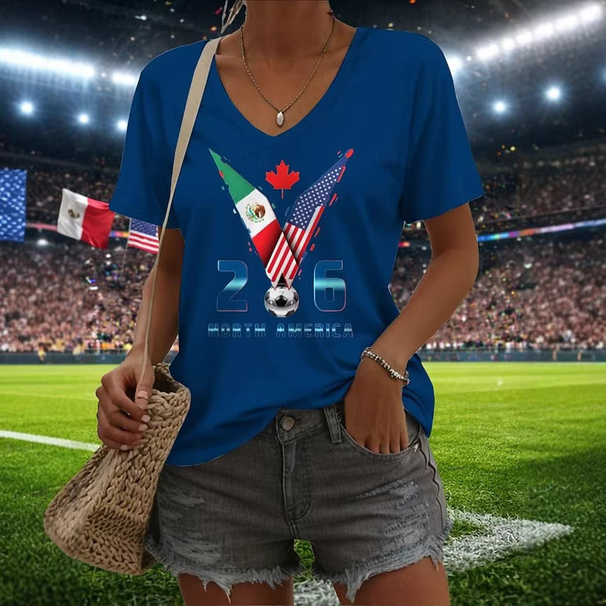 Women’s V-neck Retro Print T-shirt with Eagle Emblem and vintage-inspired Graphic Mune Fashion