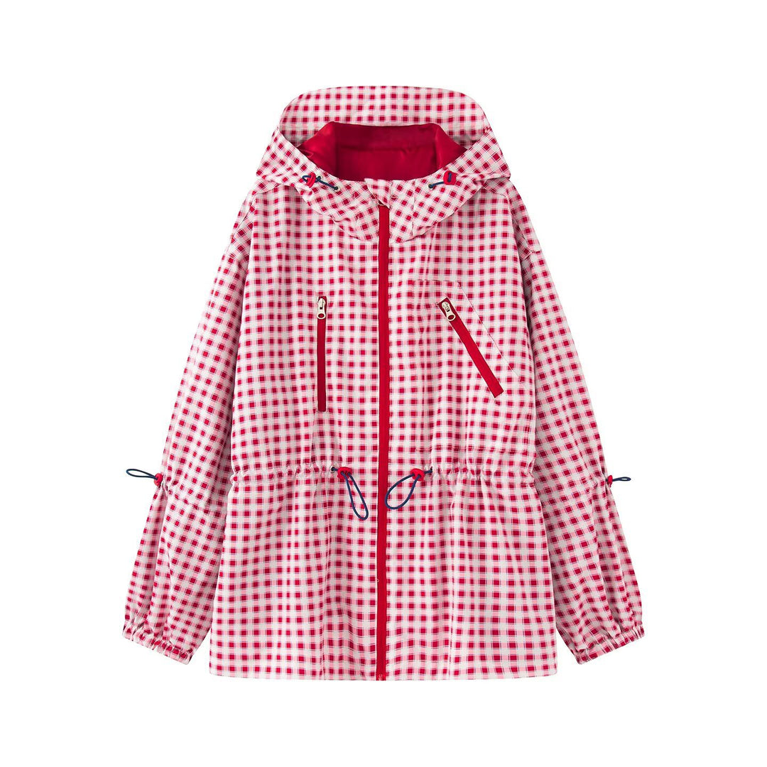 Women's Checked Transitional Jacket with Hood, Drawstring and Water-Repellent Coating Mune Fashion