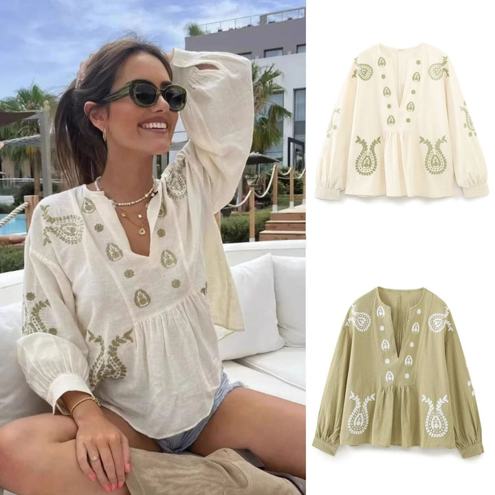 Women's embroidered tunic blouse with paisley embroidery, V-neck and voluminous balloon sleeves Mune Fashion