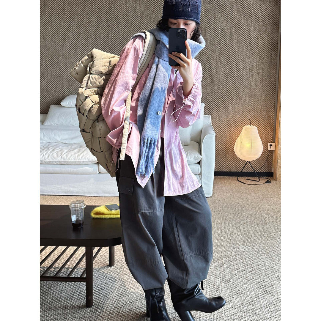 Women Oversized Shirt Blouse with Crinkle Look and Elastic Sleeve Cuffs Mune Fashion