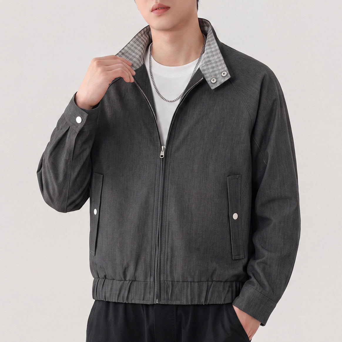 Men's lightweight bomber jacket with zipper and checkered stand-up collar Mune Fashion