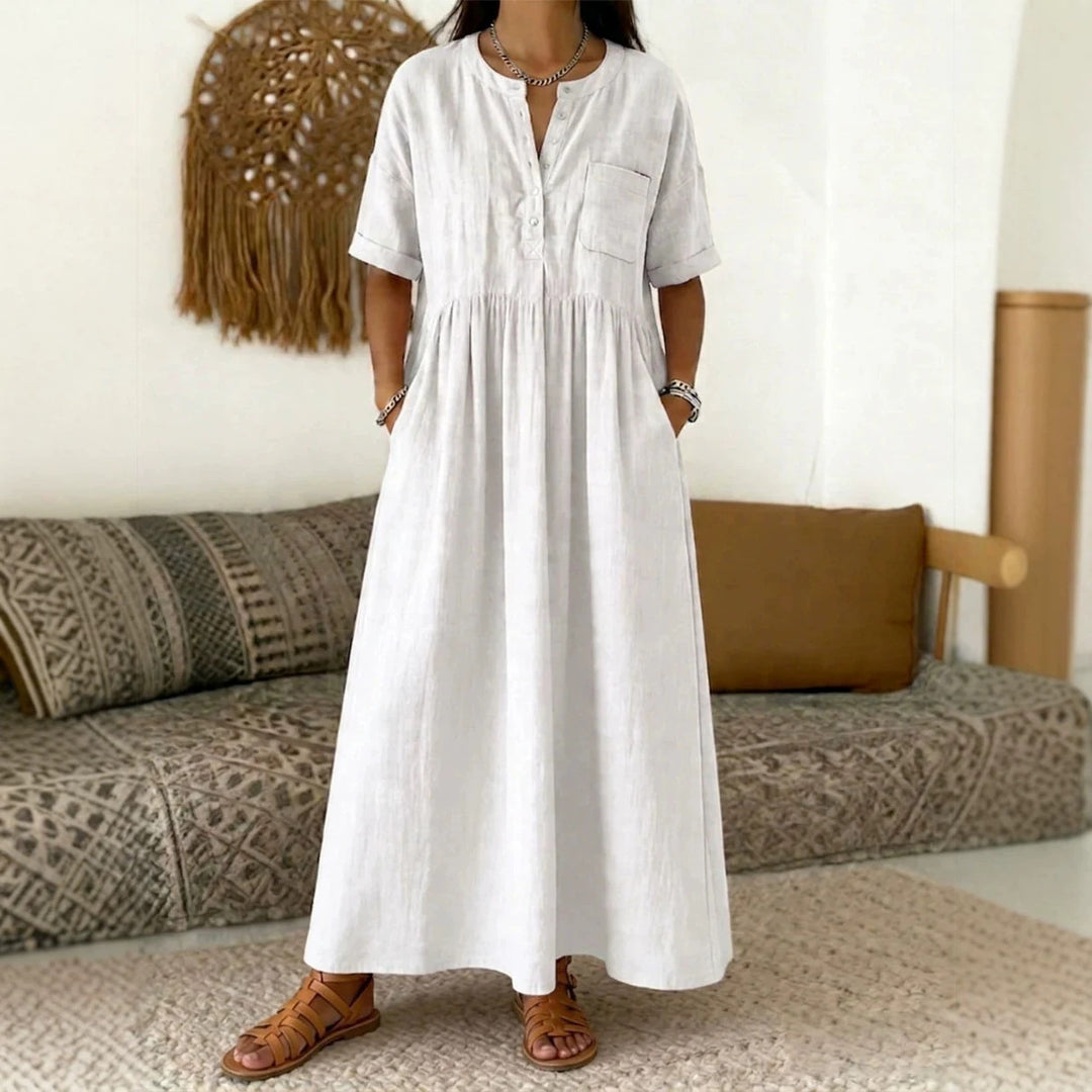 Women's Long Boho Maxi Dress with Henley Button Placket, Chest Pocket and Side Pockets Mune Fashion