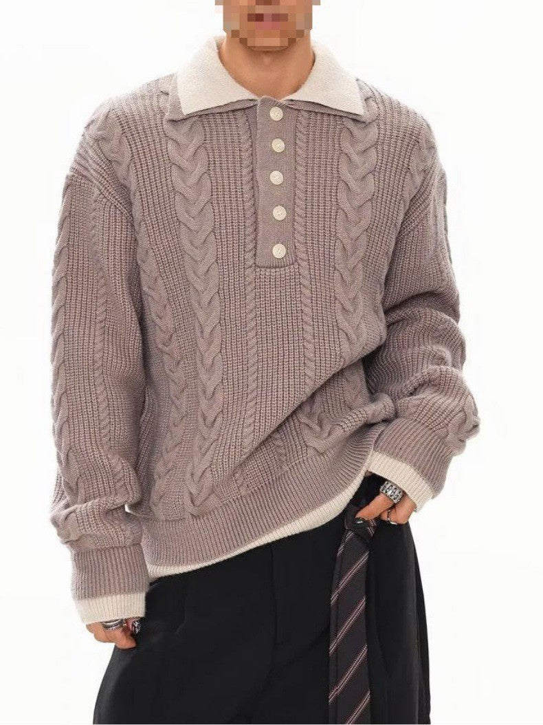 Men's Fashionable Chunky Knit Sweater with Polo Collar Mune Fashion