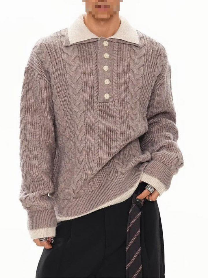 Men's Fashionable Chunky Knit Sweater with Polo Collar Mune Fashion