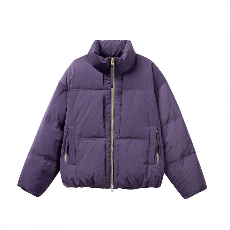 Women Short Oversized Padded Jacket with High Stand-Up Collar and Contrast Zipper Mune Fashion