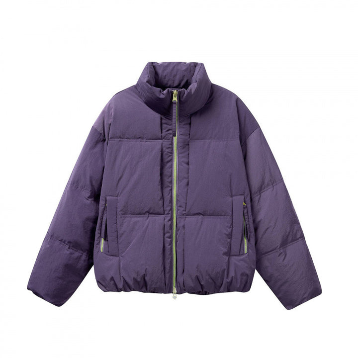 Women Short Oversized Padded Jacket with High Stand-Up Collar and Contrast Zipper Mune Fashion