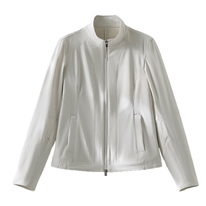 Ladies simple fitted leather jacket with stand-up collar and two-way zipper Mune Fashion