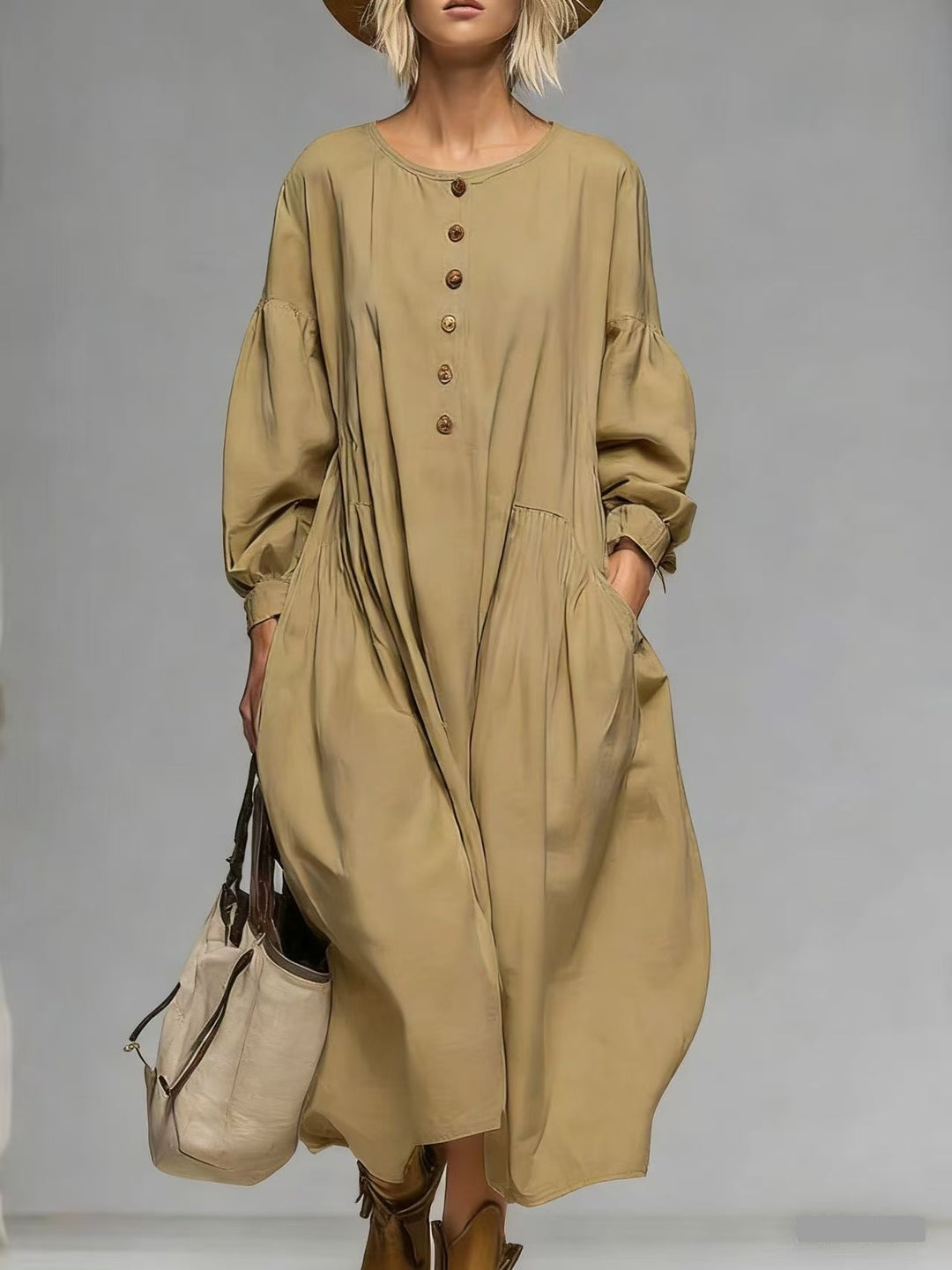 Women's Casual Midi Dress with Button Placket, Balloon Sleeves and Side Pockets Mune Fashion