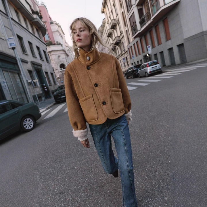 Women's short jacket in lambskin look with stand-up collar, patch pockets, and button placket Mune Fashion