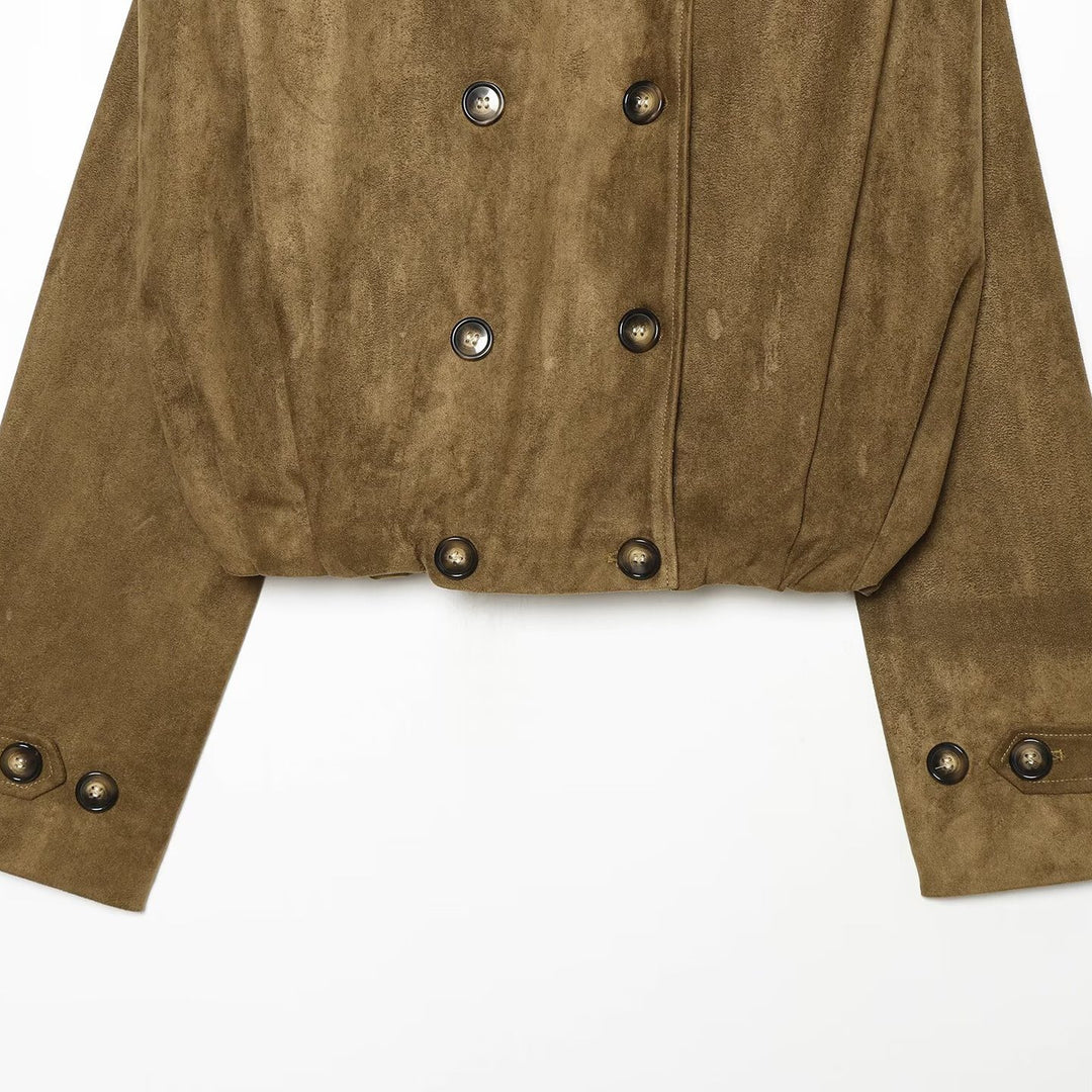 Women's Short Cut Double-Breasted Suede Look Jacket with Stand Collar and Epaulettes Mune Fashion