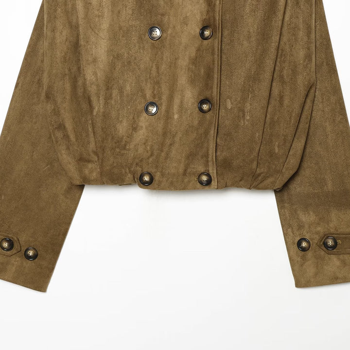 Women's Short Cut Double-Breasted Suede Look Jacket with Stand Collar and Epaulettes Mune Fashion