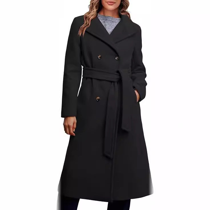 Ladies Elegant Double-Breasted Coat with Belt Detail Mune