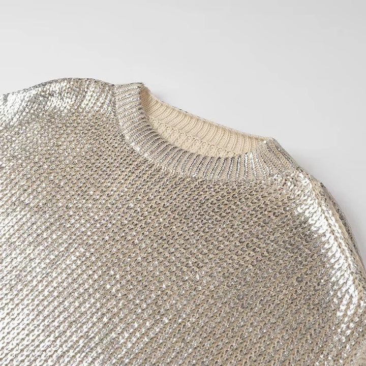Women Shiny Oversize Knit Sweater with Shoulder Cutouts Mune Fashion