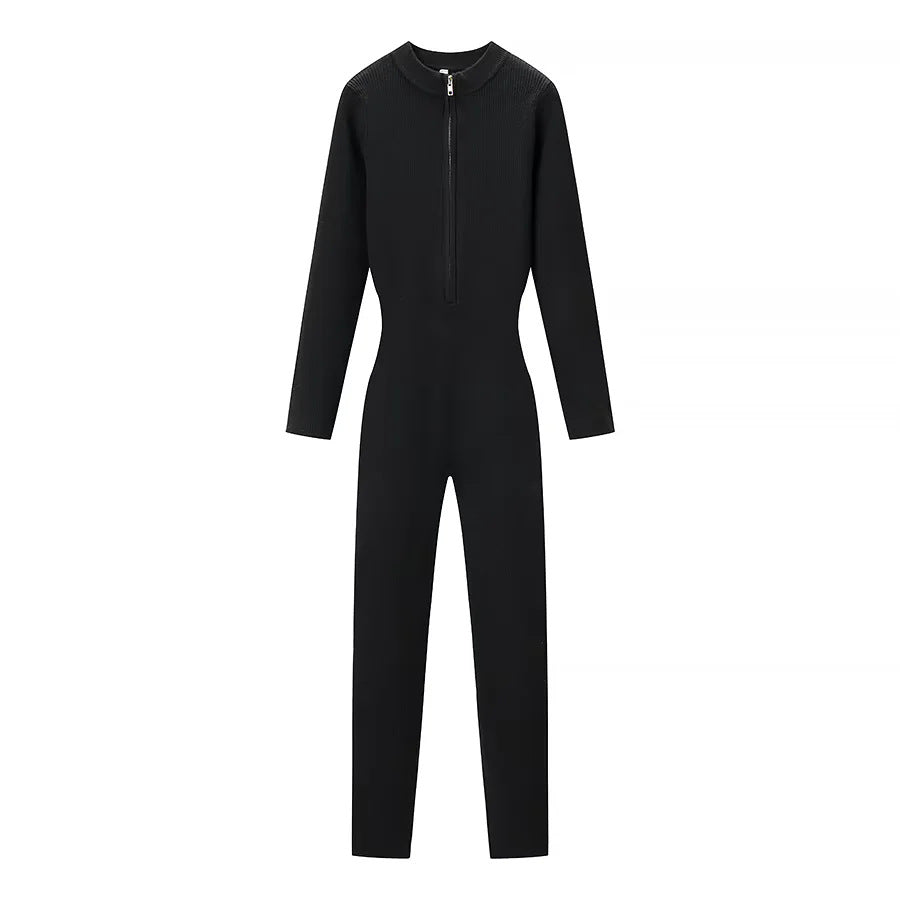 Women’s body-hugging ribbed jumpsuit with high collar and half-concealed zipper Mune Fashion
