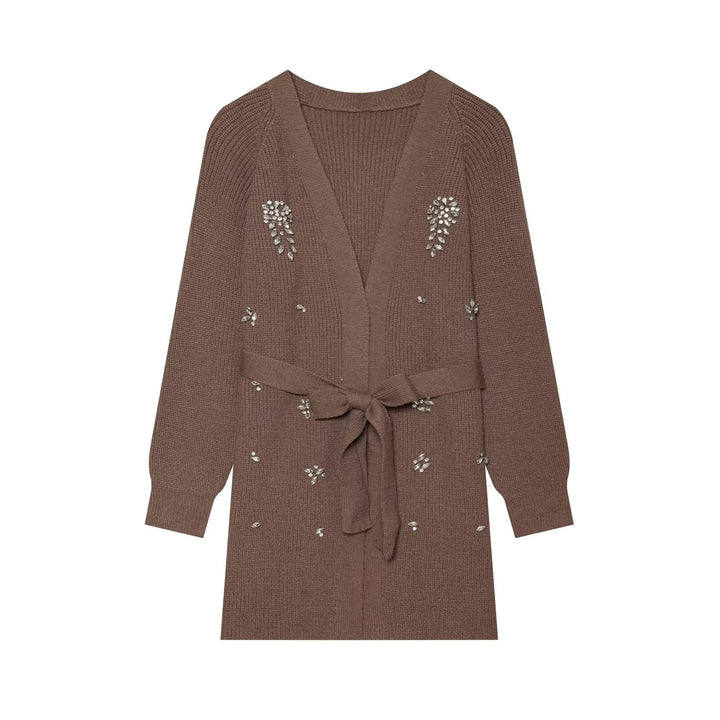 Women's long cardigan with tie belt and gemstone appliqué Mune Fashion