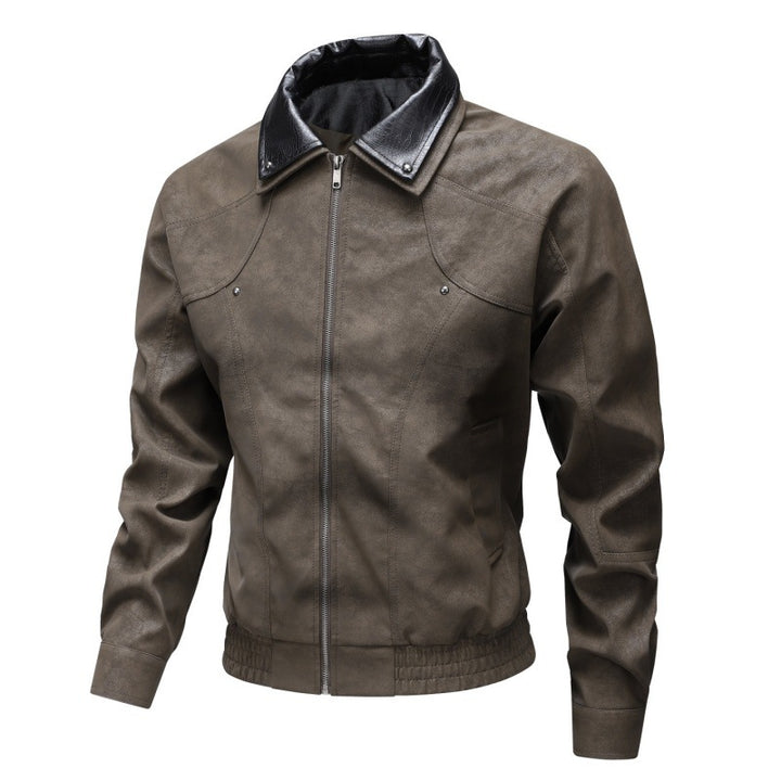 Men's Vintage-inspired Faux Leather Blouson Jacket with Contrast Collar Mune Fashion