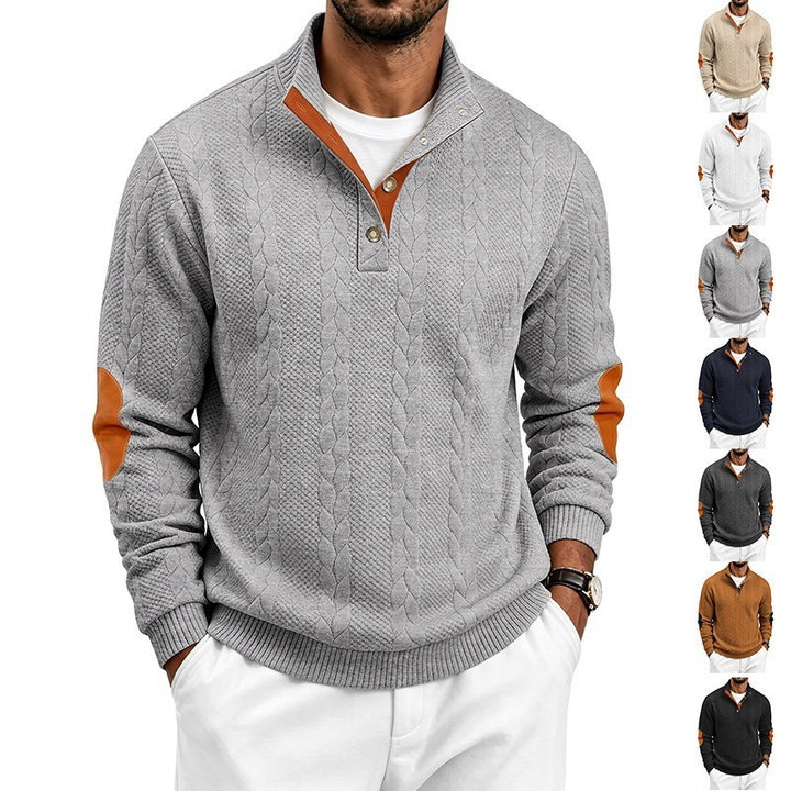 Men's Noble Cable Knit Sweater with Short Button Placket and Elbow Patches Mune Fashion