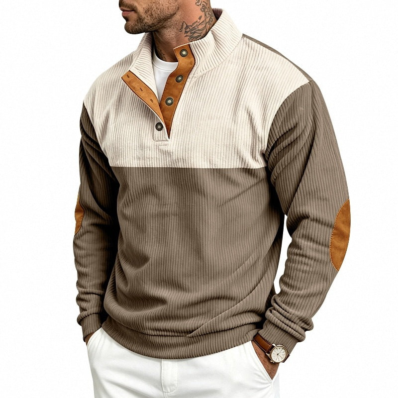 Men's Structured Ribbed Henley Half-Zip with Stand Collar and Elbow Patches Mune Fashion