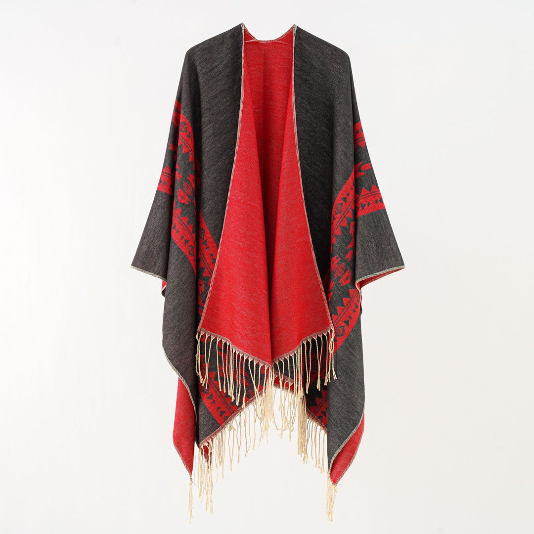 Women's Oversize Poncho with Fringes and Jacquard Pattern Mune Fashion