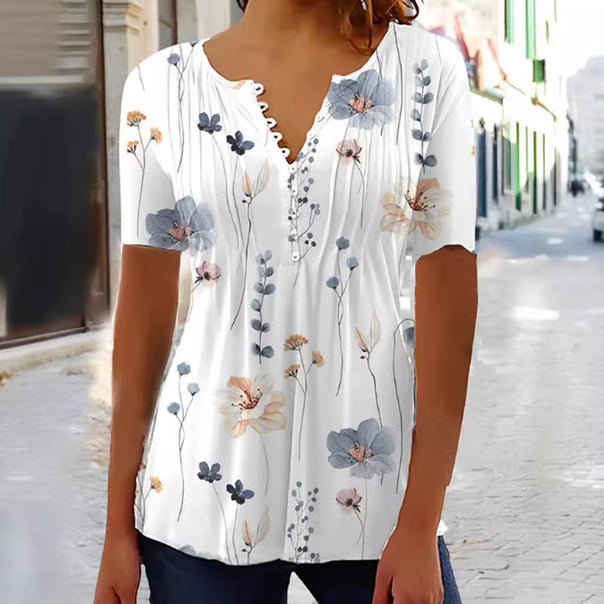Women's slightly lightweight V-neck blouse shirt with decorative button placket and subtly pleated front part Mune Fashion