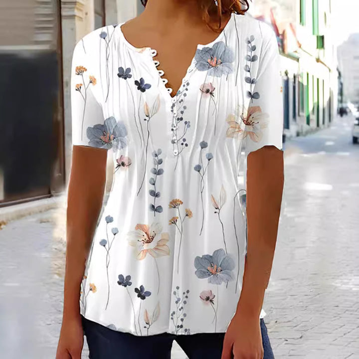 Women's slightly lightweight V-neck blouse shirt with decorative button placket and subtly pleated front part Mune Fashion