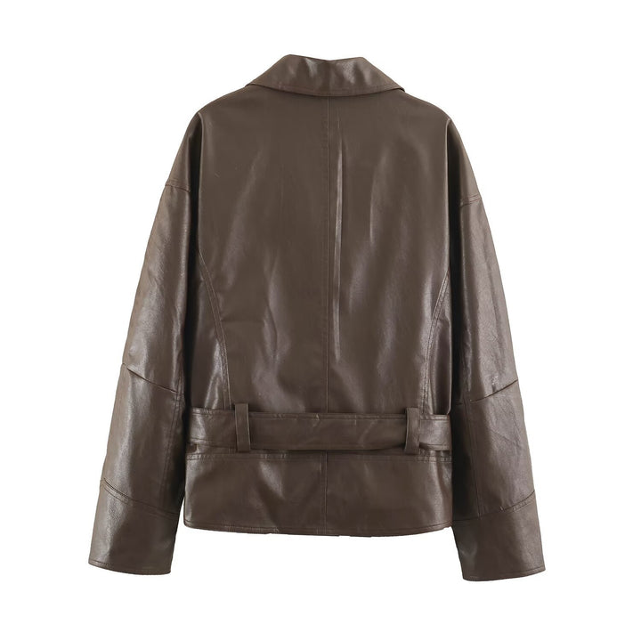Women's short jacket in leather look with tie belt and asymmetrical button placket Mune Fashion