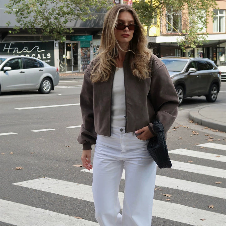Women's Short Boxy Suede Bomber Jacket with Stand Collar and Ribbed Cuffs Mune Fashion