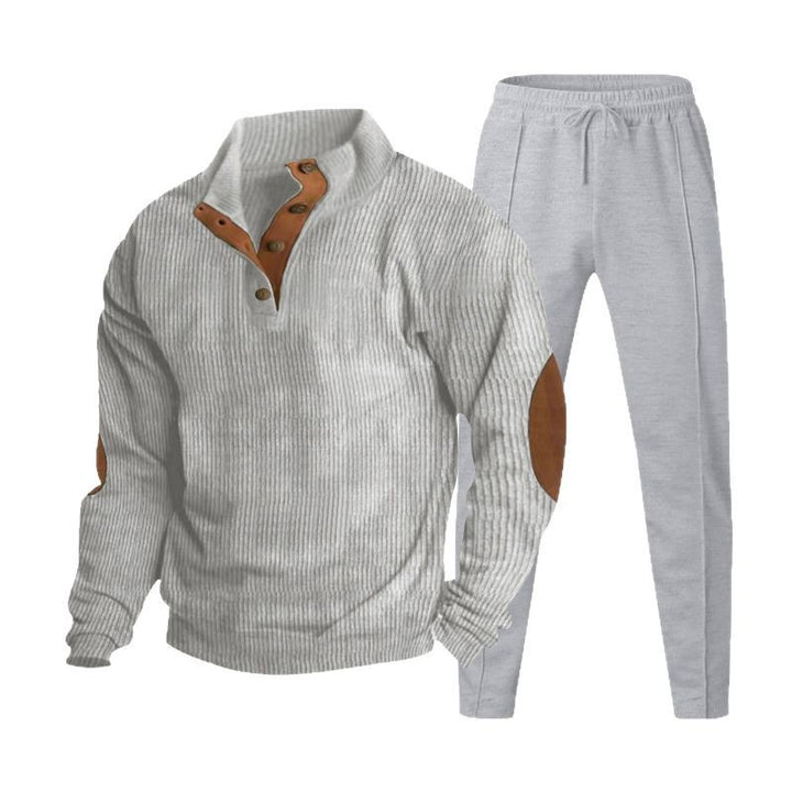 Men's structured knit loungewear set with half-button placket, contrasting elbow patches, and elastic drawstring joggers Mune Fashion