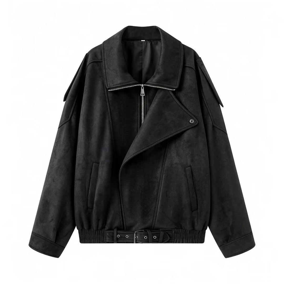 Women Oversize Bomber Jacket with Wide Lapel Collar, Waist Belt and Shoulder Epaulettes Mune Fashion