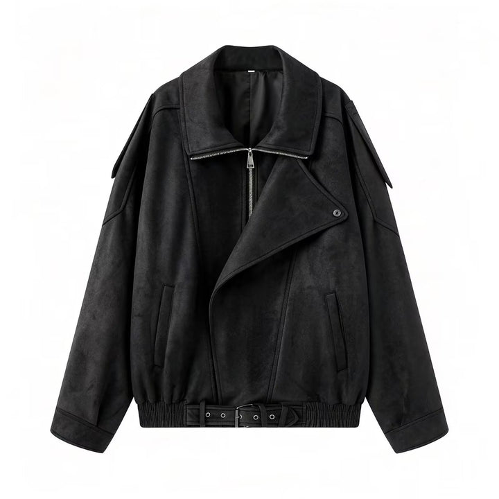 Women Oversize Bomber Jacket with Wide Lapel Collar, Waist Belt and Shoulder Epaulettes Mune Fashion