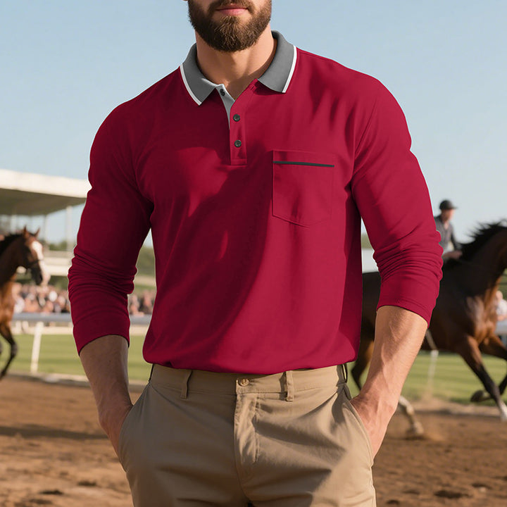 Men's long-sleeved polo shirt with contrast collar, chest pocket, and fine cotton stretch Mune Fashion