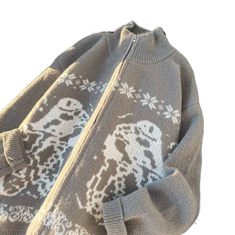 Unisex oversized cardigan with full zipper, high rib collar, and owl intarsia Mune Fashion