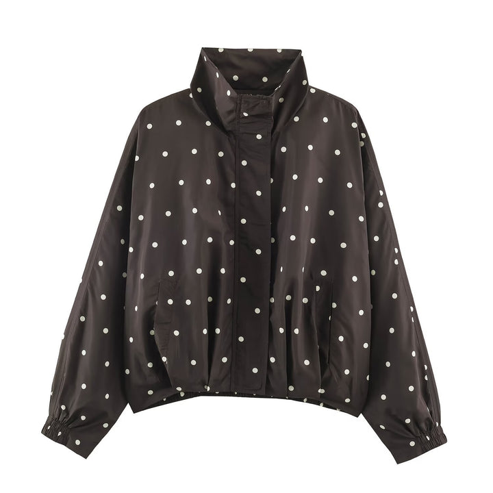 Women's Oversize Windbreaker with Dot Print, High Standing Collar and Elastic Hem Mune Fashion