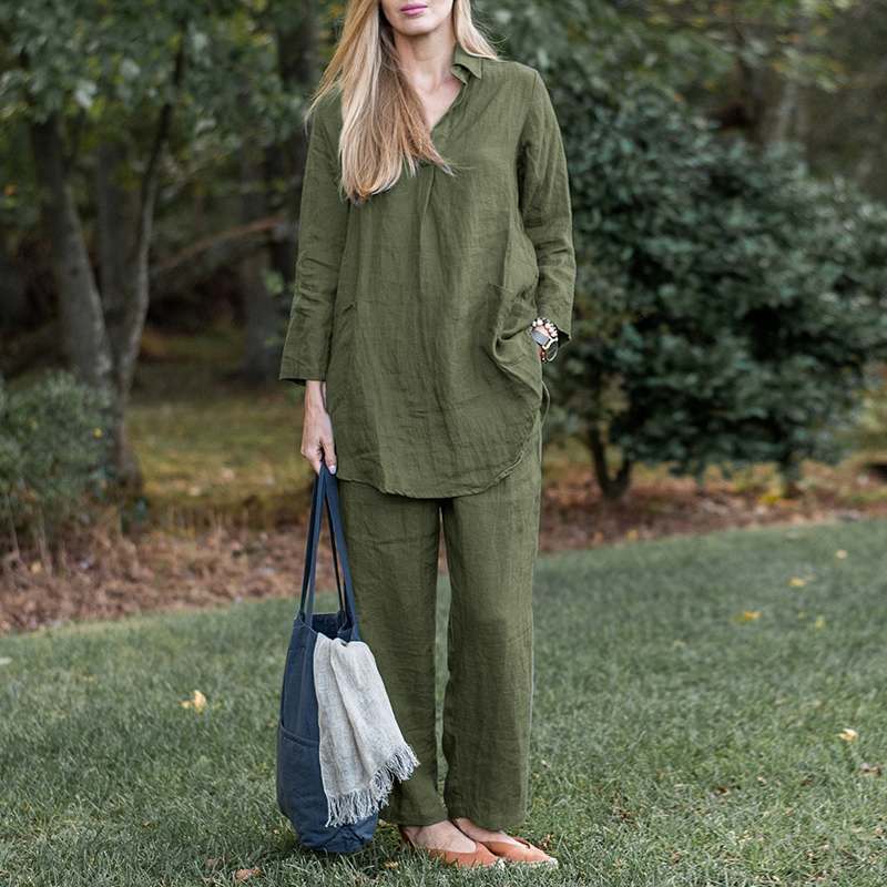 Women's Linen Loungewear Set with Loose Tunic Shirt and Relaxed Palazzo Pants Mune Fashion