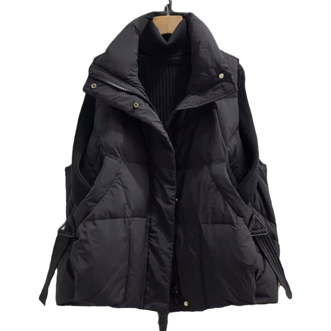 Women's Voluminous Sleeveless Down-Look Vest with Wide Stand-Up Collar and Side Gathered Straps Mune Fashion