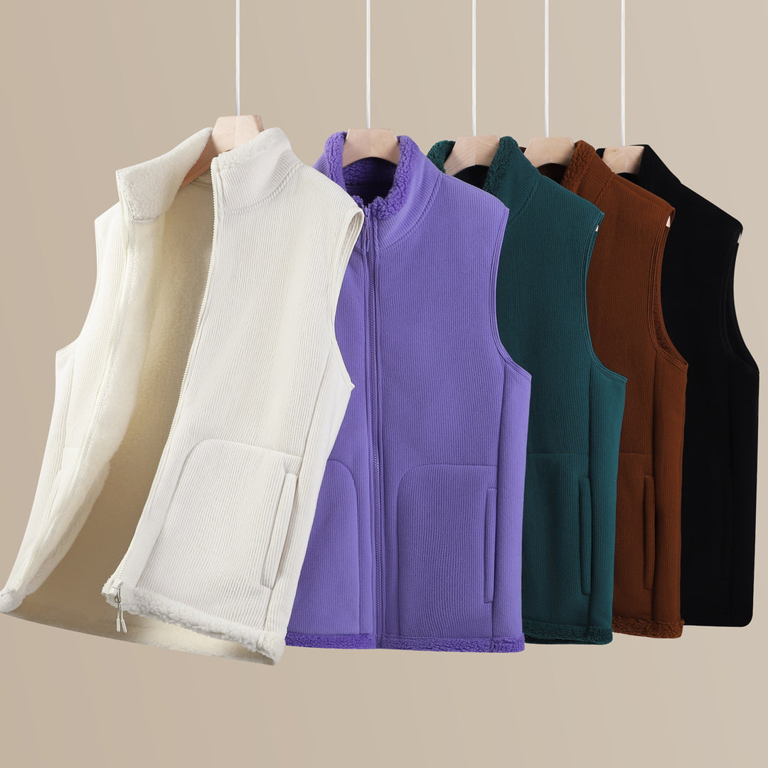 Unisex Sleeveless Fleece Vest with Teddy Lining Ribbed Structure and Stand-Up Collar Mune Fashion
