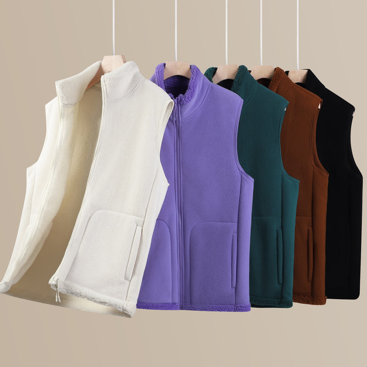 Unisex Sleeveless Fleece Vest with Teddy Lining Ribbed Structure and Stand-Up Collar Mune Fashion