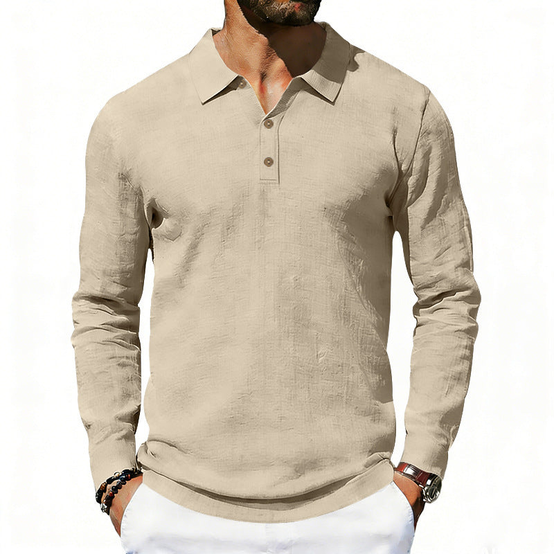 Men's long sleeve polo shirt made of linen with Henley button placket and Kent collar Mune Fashion