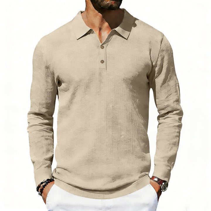 Men's long sleeve polo shirt made of linen with Henley button placket and Kent collar Mune Fashion