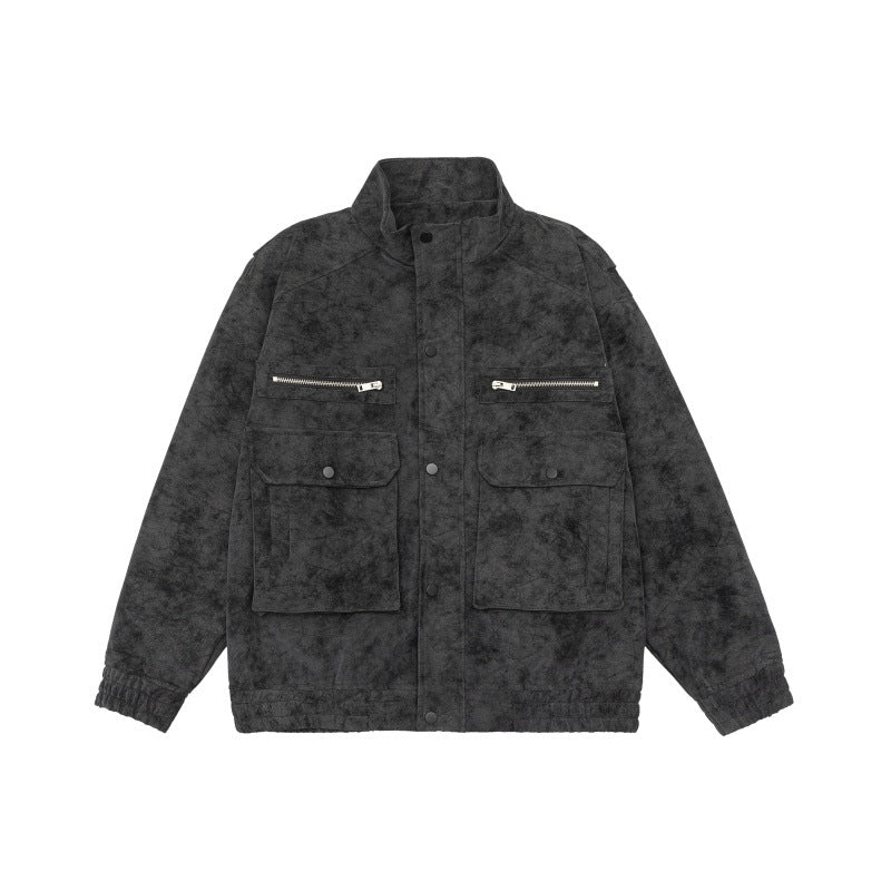 Men's Boxy Utility Blouson Jacket in Velour Look with Stand-up Collar and Multiple Pockets Mune Fashion