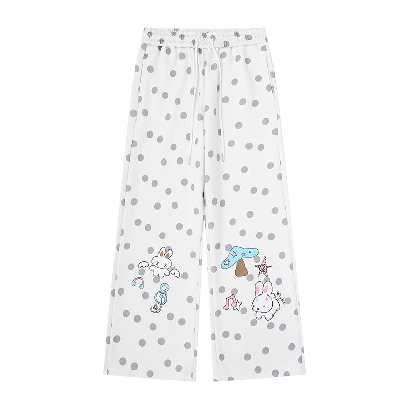 Women Wide Lounge Pants with Comfort Waistband, Polka Dot Allover and Playful Cartoon Print Mune Fashion