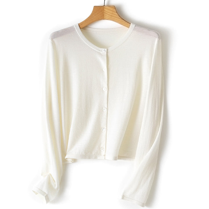 Women's lightweight short-cut fine knit cardigan with round neckline and button placket Mune Fashion