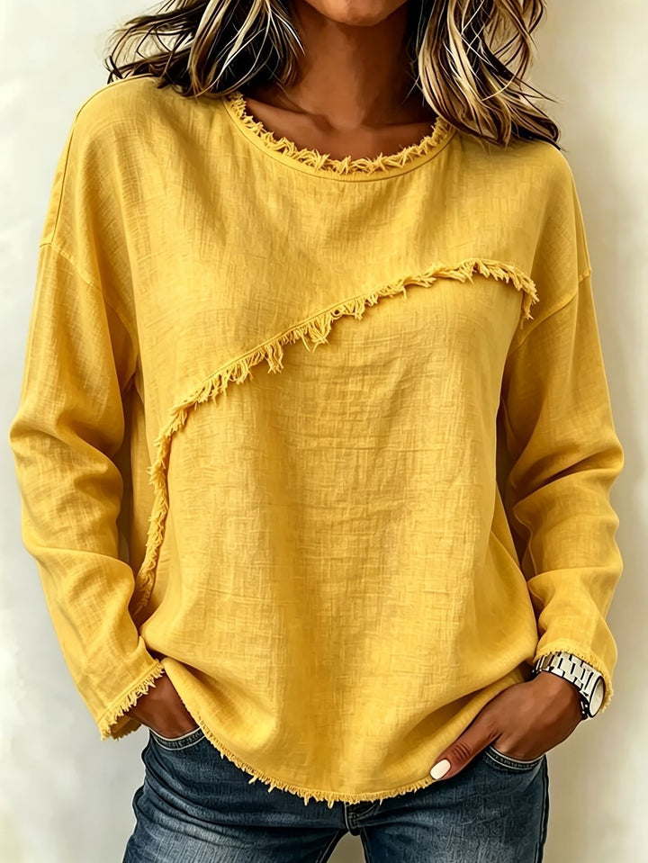 Women Casual Long Sleeve with Diagonal Fringe Application and Frayed Round Neck Mune Fashion