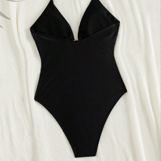 Women Elegant One-Piece Swimsuit with Deep V-Neck and Glossy Decoration Mune Fashion